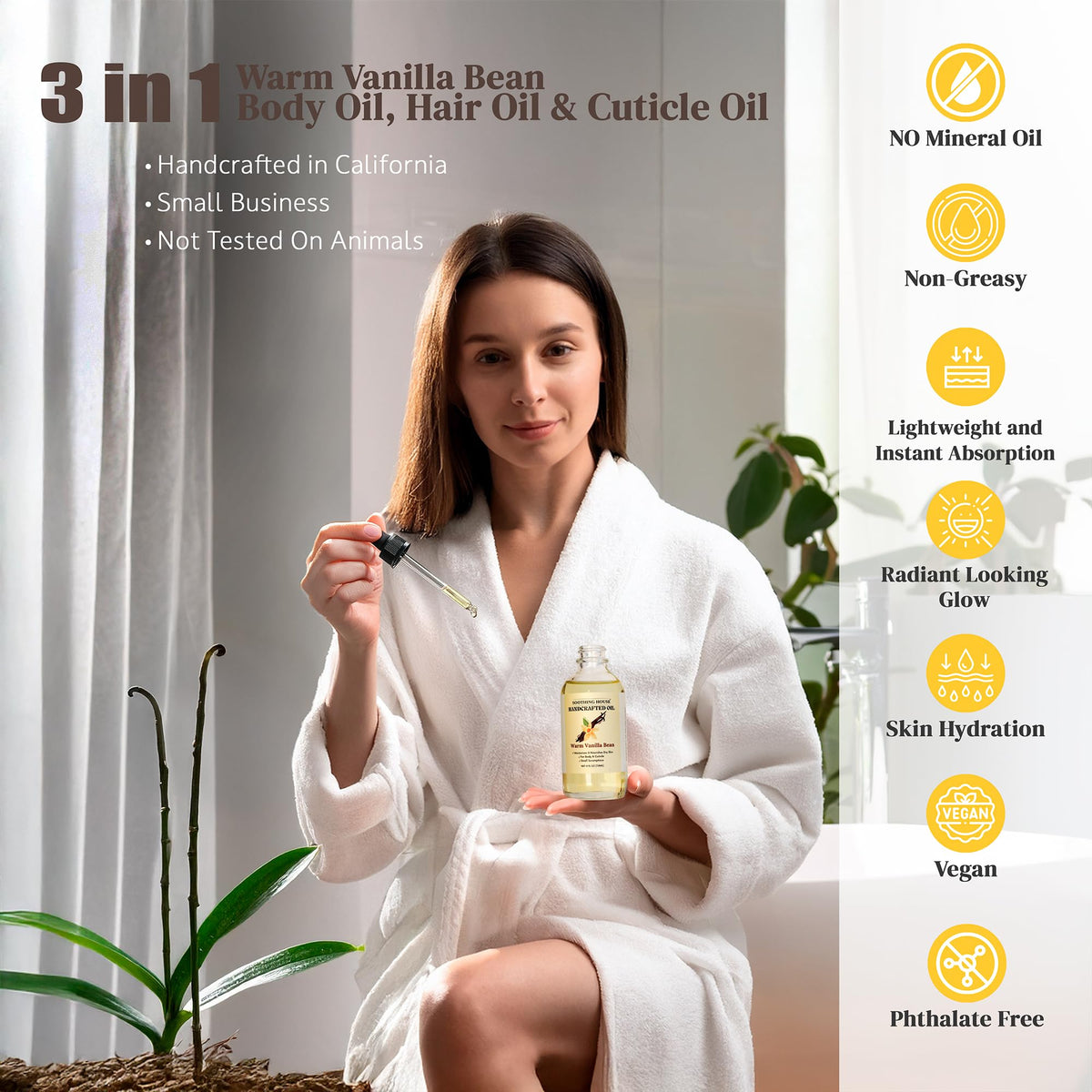 Soothing House bottle by shower showing post-shower hydration and glow