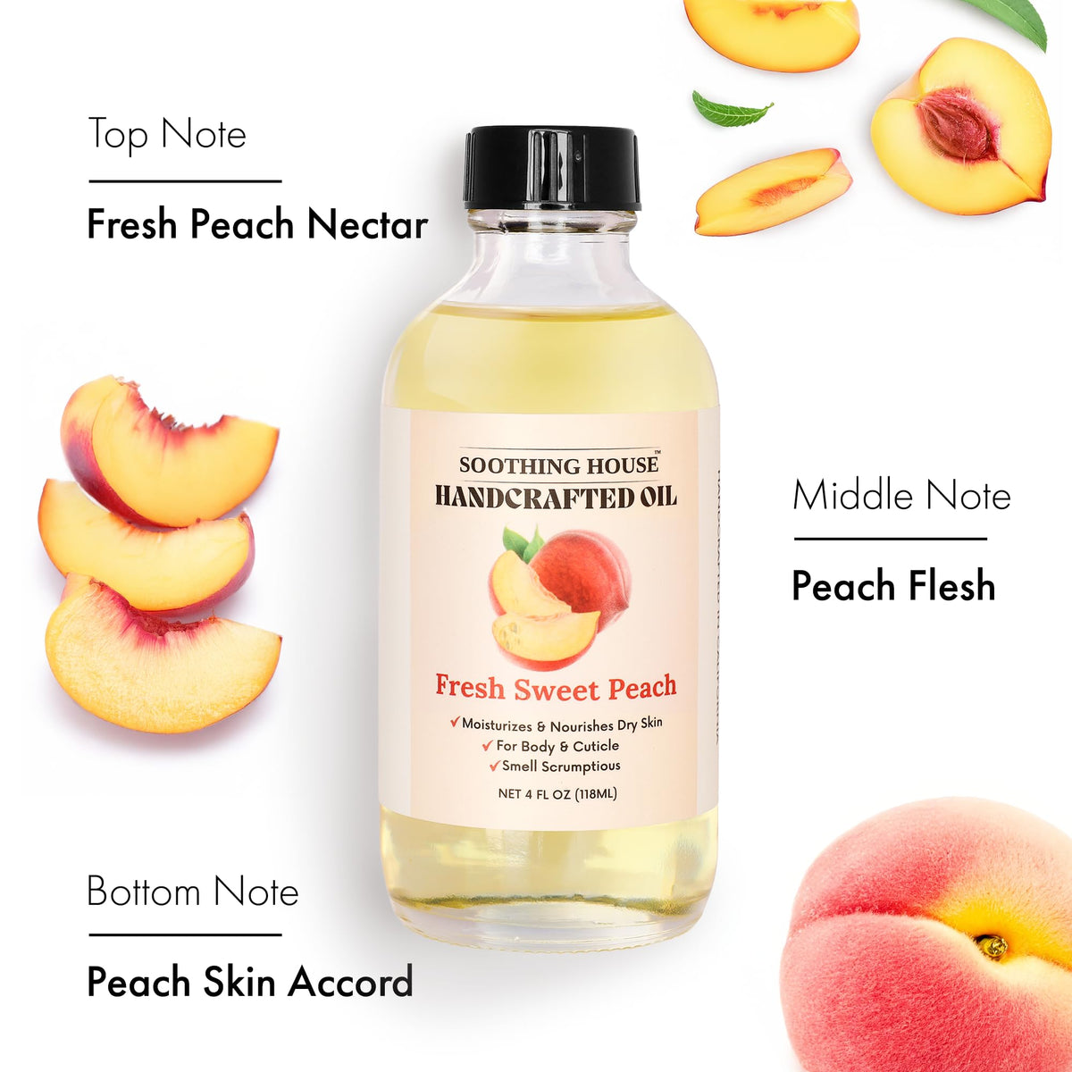 Soothing House arranged plant-based oils and peach illustrating natural formula