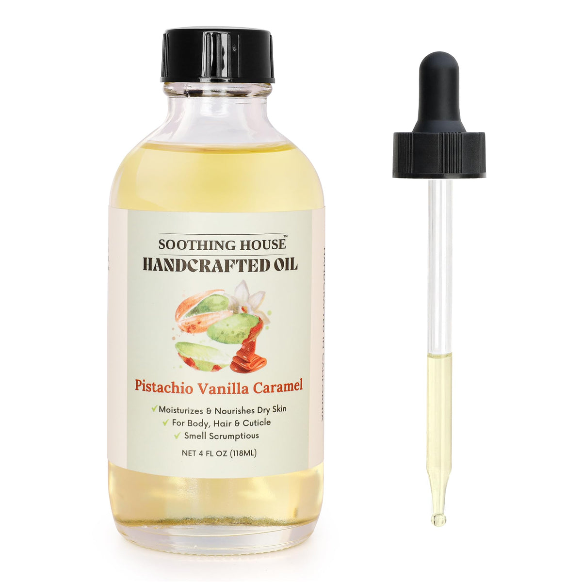 Soothing House front bottle view showing elegant bottle and pistachio vanilla caramel scent benefit