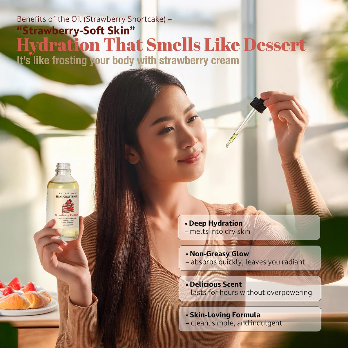Soothing House body oil on bathroom shelf in lifestyle scene suggesting post-shower use