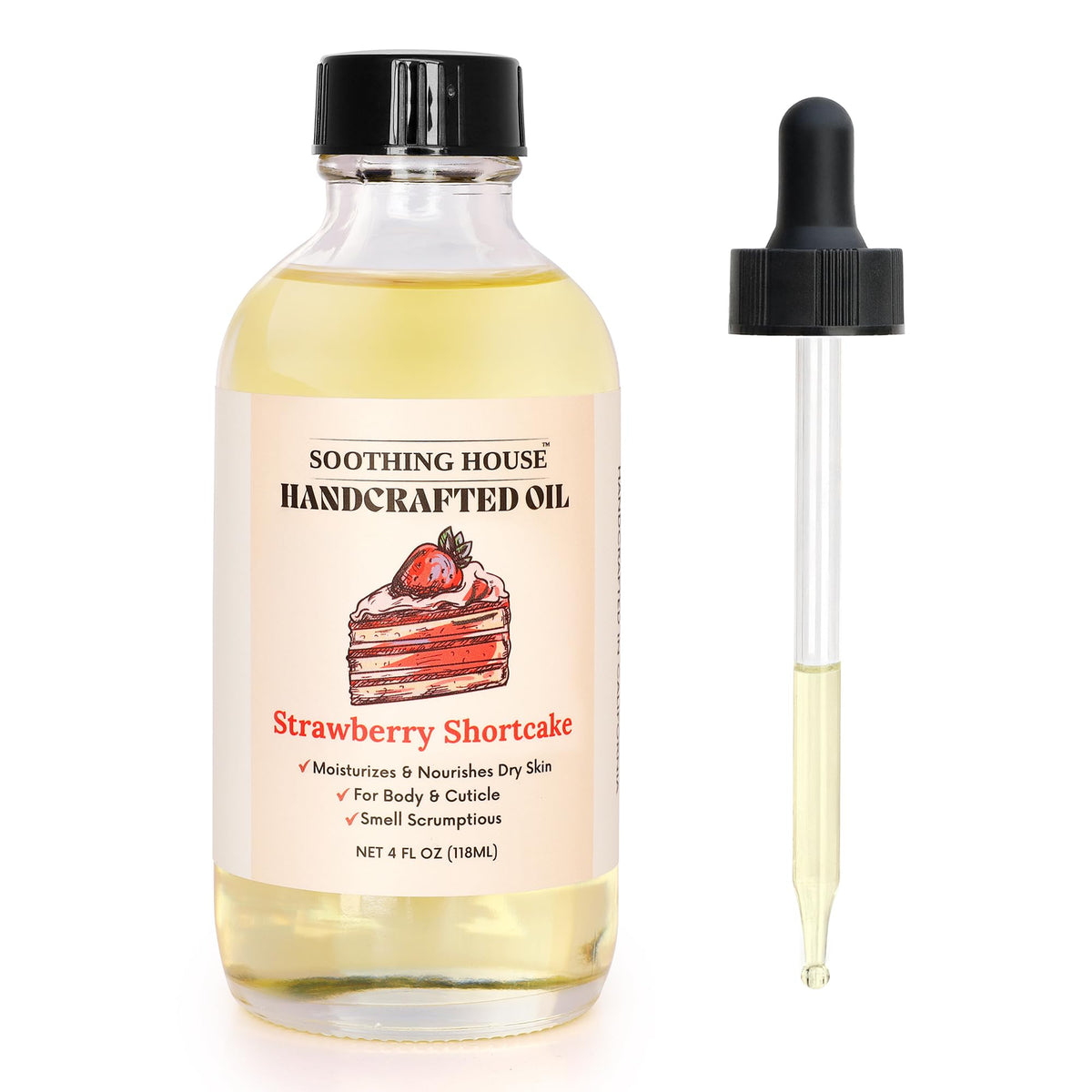 Soothing House front bottle view showing strawberry shortcake body oil and clear label benefit