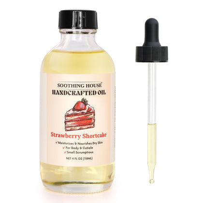 Soothing House front bottle view showing strawberry shortcake body oil and clear label benefit