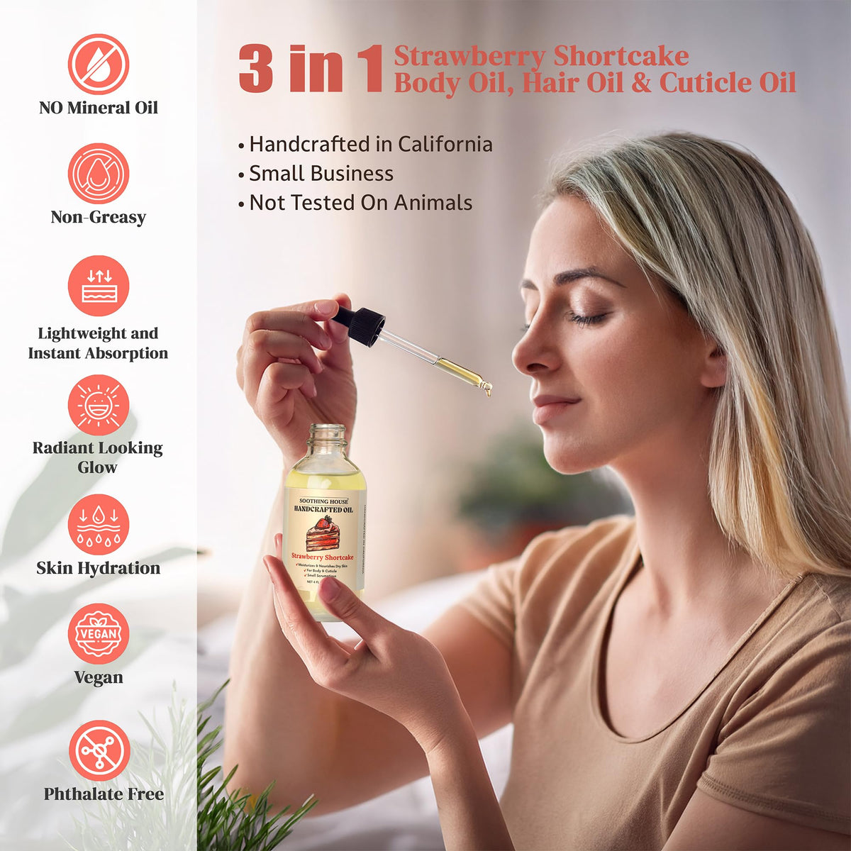 Soothing House applying oil to forearm to demonstrate easy spread and instant softness