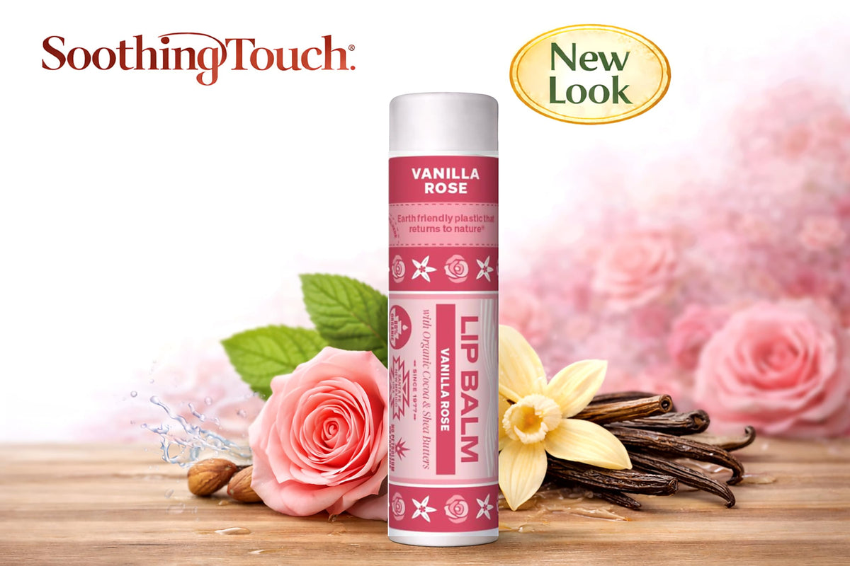 Soothing Touch tube held in hand for scale, showing compact, portable lip care