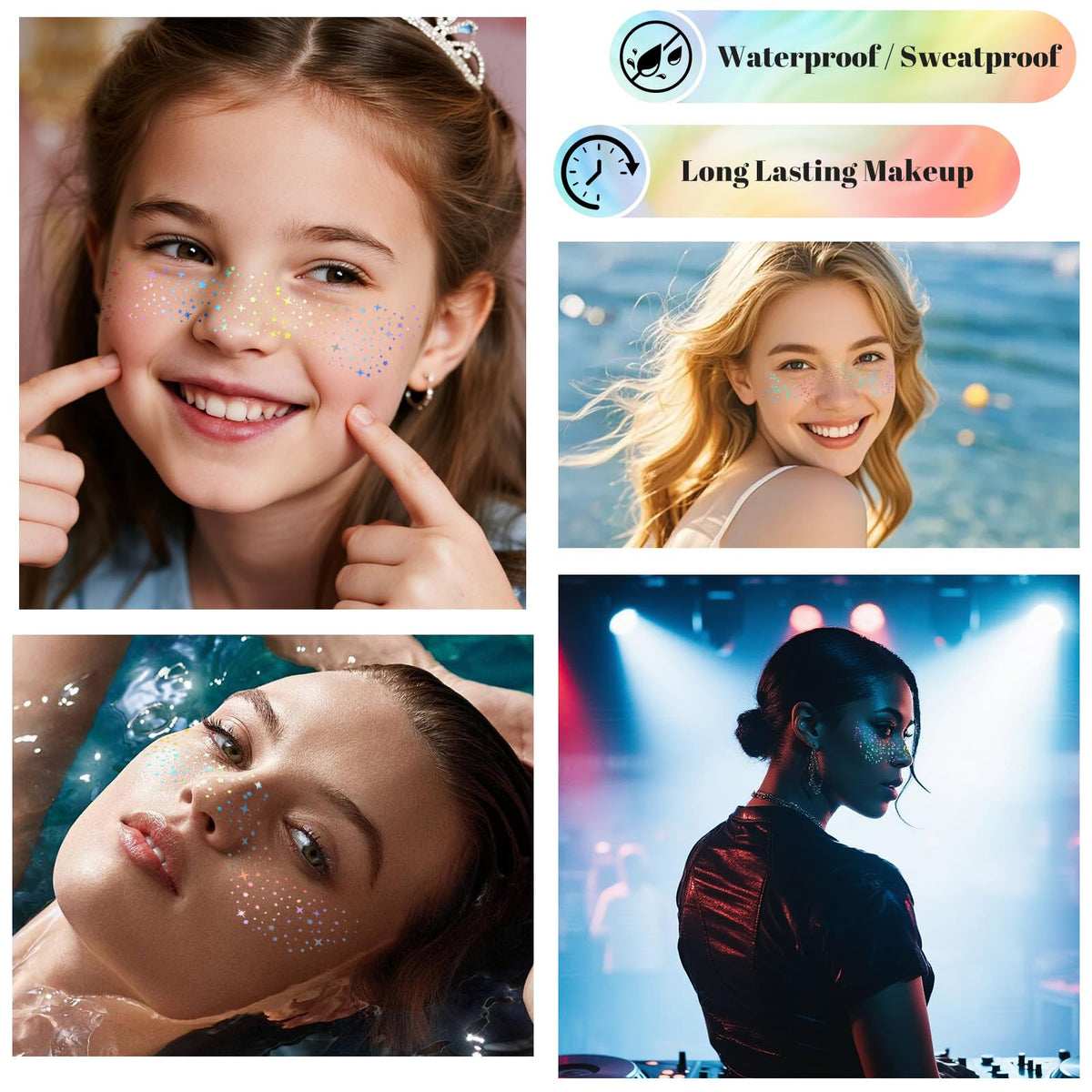 SOOVSY festival makeup lifestyle shot showing bold sparkle for event-ready looks
