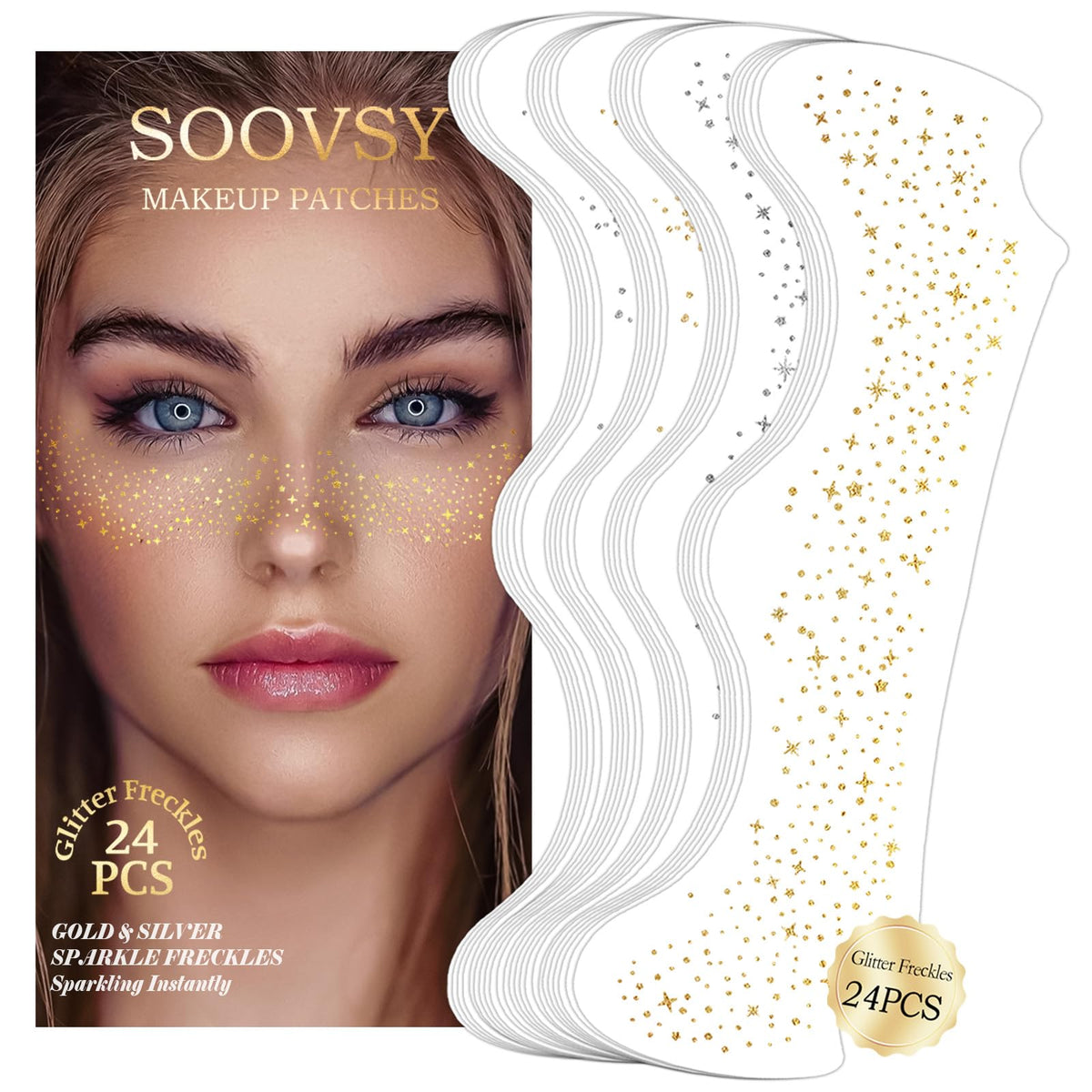 SOOVSY front packaging showing 24 glitter freckle sheets and benefits