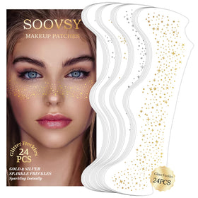 SOOVSY front packaging showing 24 glitter freckle sheets and benefits