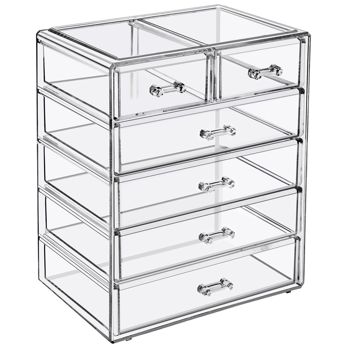 Sorbus front view of clear six-drawer organizer showing tidy cosmetics and accessibility