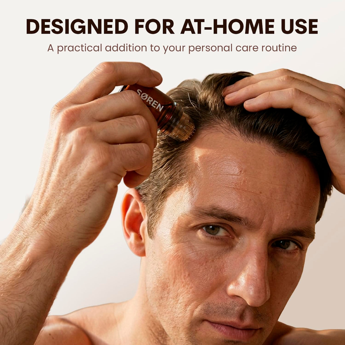 SØREN applicator tapping scalp demonstrating targeted serum delivery benefit
