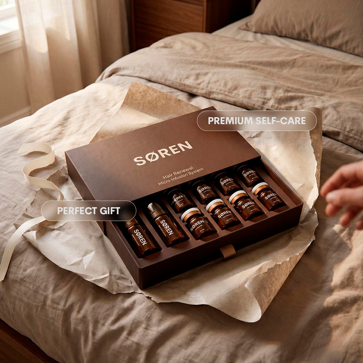 SØREN product label and ingredient panel showing peptide and botanical blend