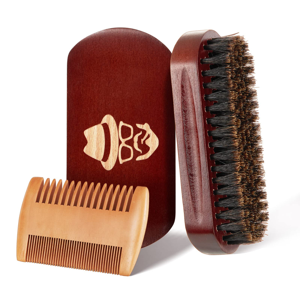 Sosoon beard brush front view showing bristles and walnut wood handle for smoother styling