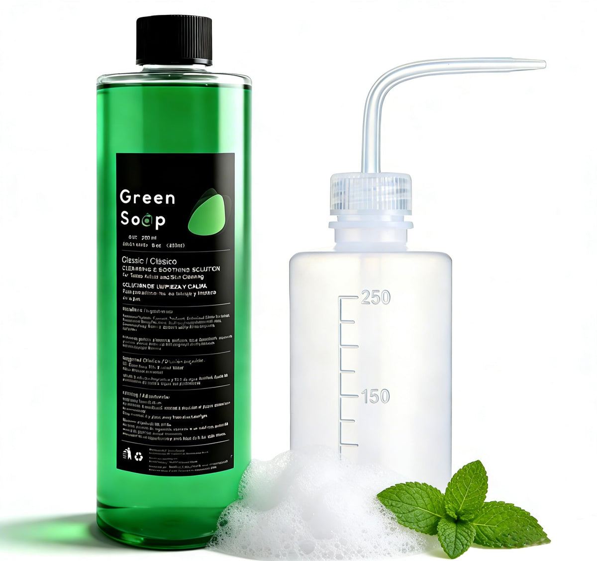 Sotica green soap front packaging showing product and volume benefit