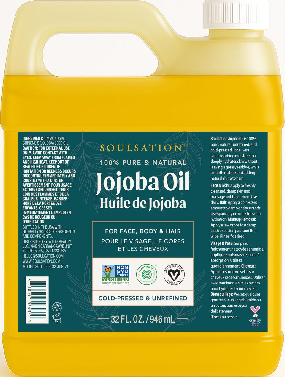 SOULSATION front packaging of 32oz jojoba oil showing label and purity