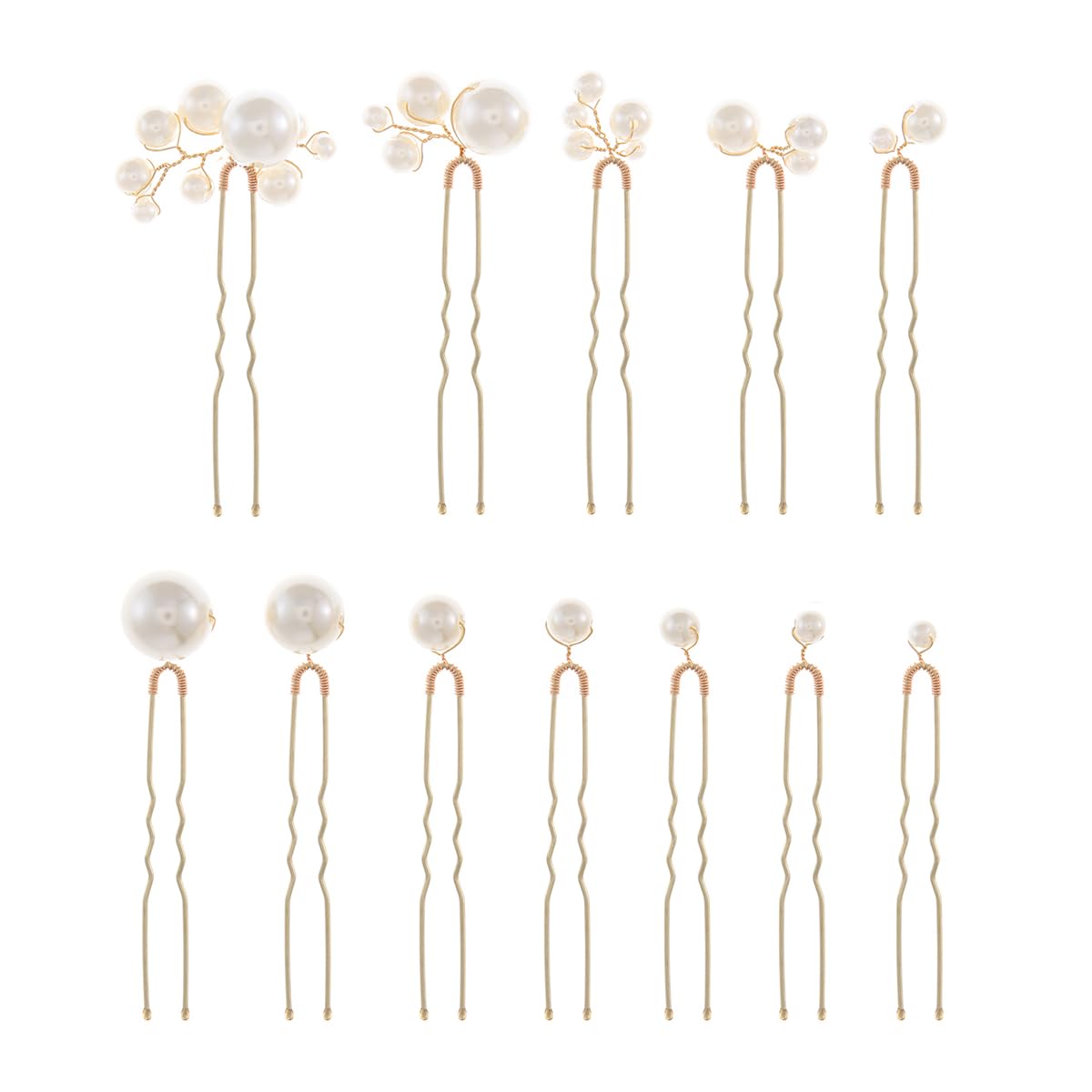 soulshow front view of twelve gold pearl hair pins showing set and shape, adds elegant accents