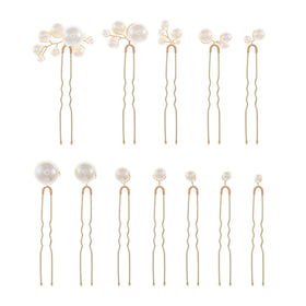 soulshow front view of twelve gold pearl hair pins showing set and shape, adds elegant accents