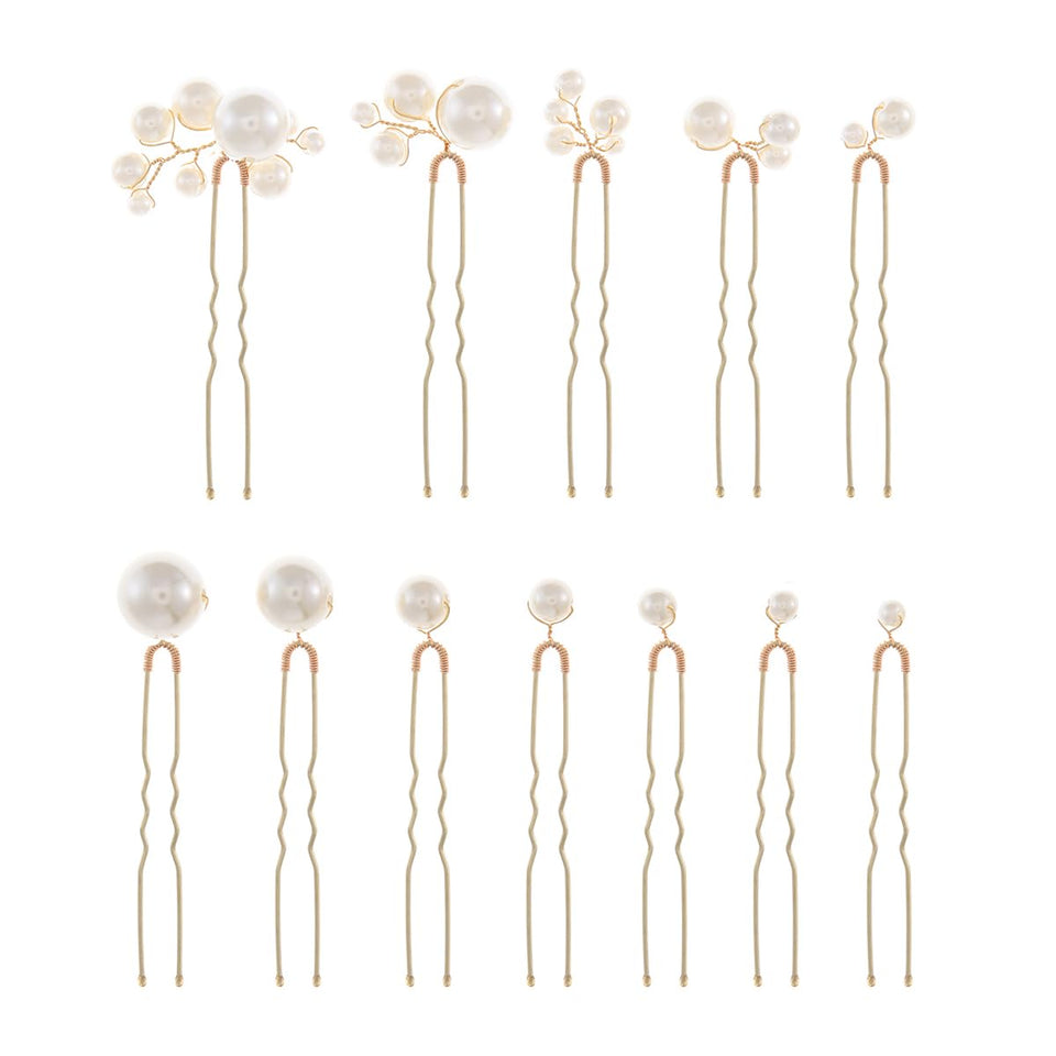 soulshow front view of twelve gold pearl hair pins showing set and shape, adds elegant accents