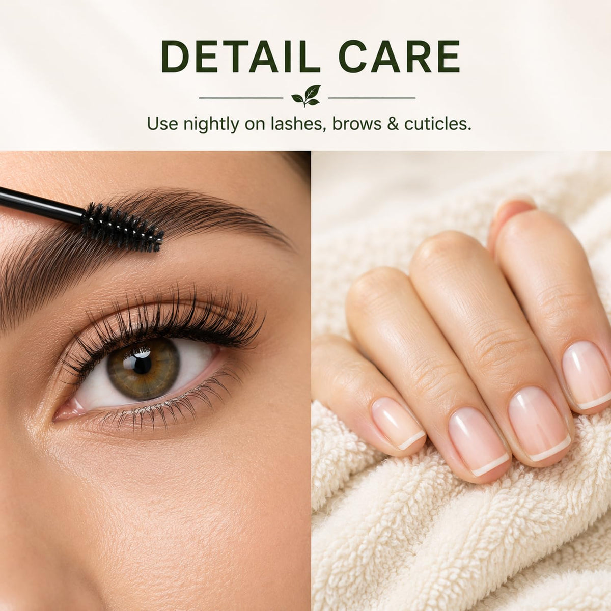 SOULSPA PURE applied to lashes and brows using spoolie for precise conditioning benefit