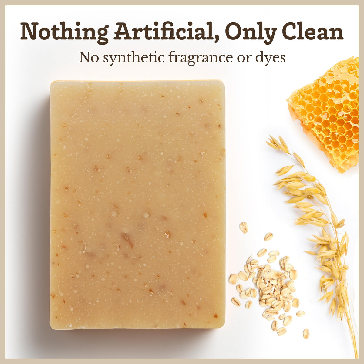 Southern Natural soap bar beside olive oil and oats, emphasizing natural ingredients and soothing benefits