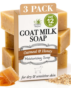 Southern Natural front packaging of unscented oatmeal goat milk soap, shows clear product branding and benefits
