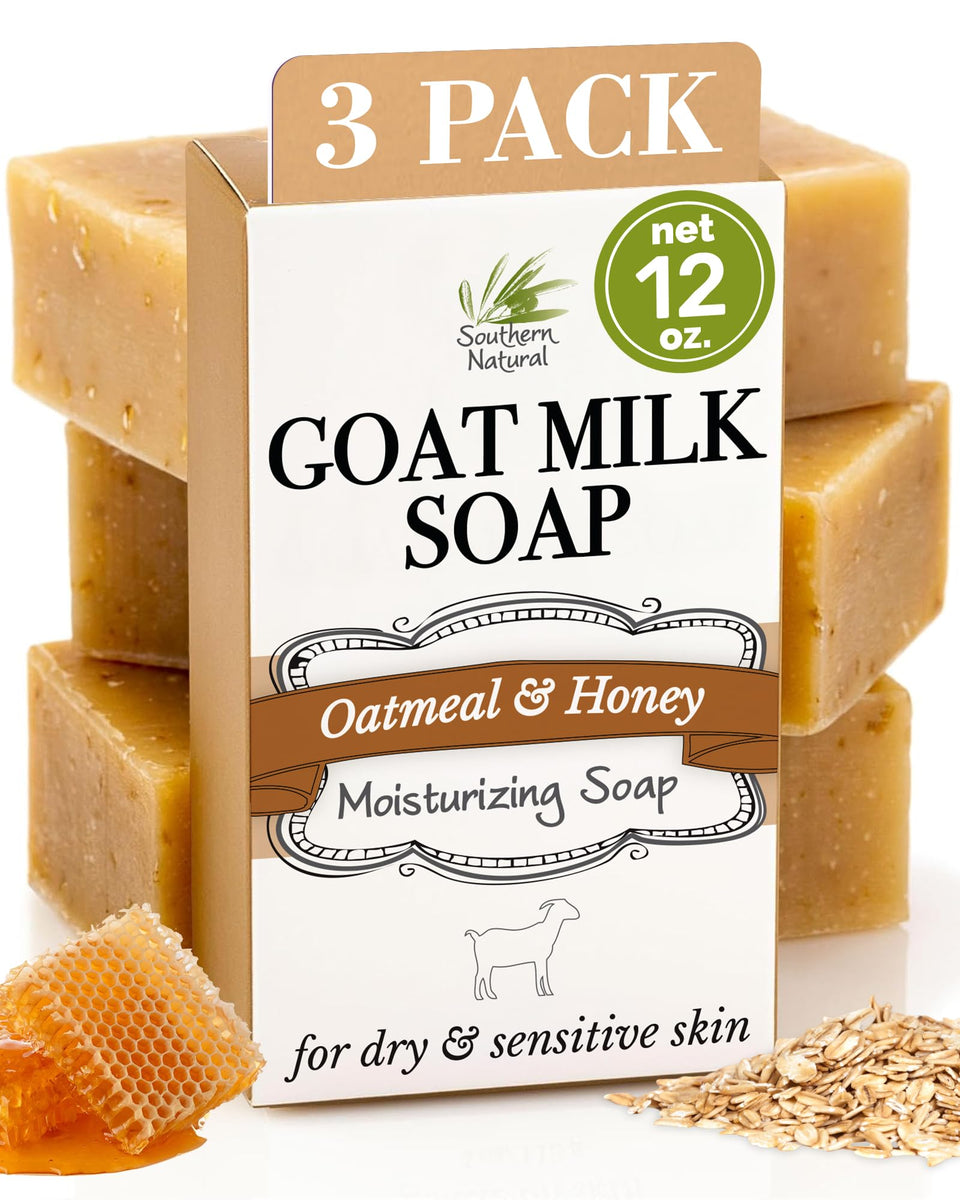 Southern Natural front packaging of unscented oatmeal goat milk soap, shows clear product branding and benefits