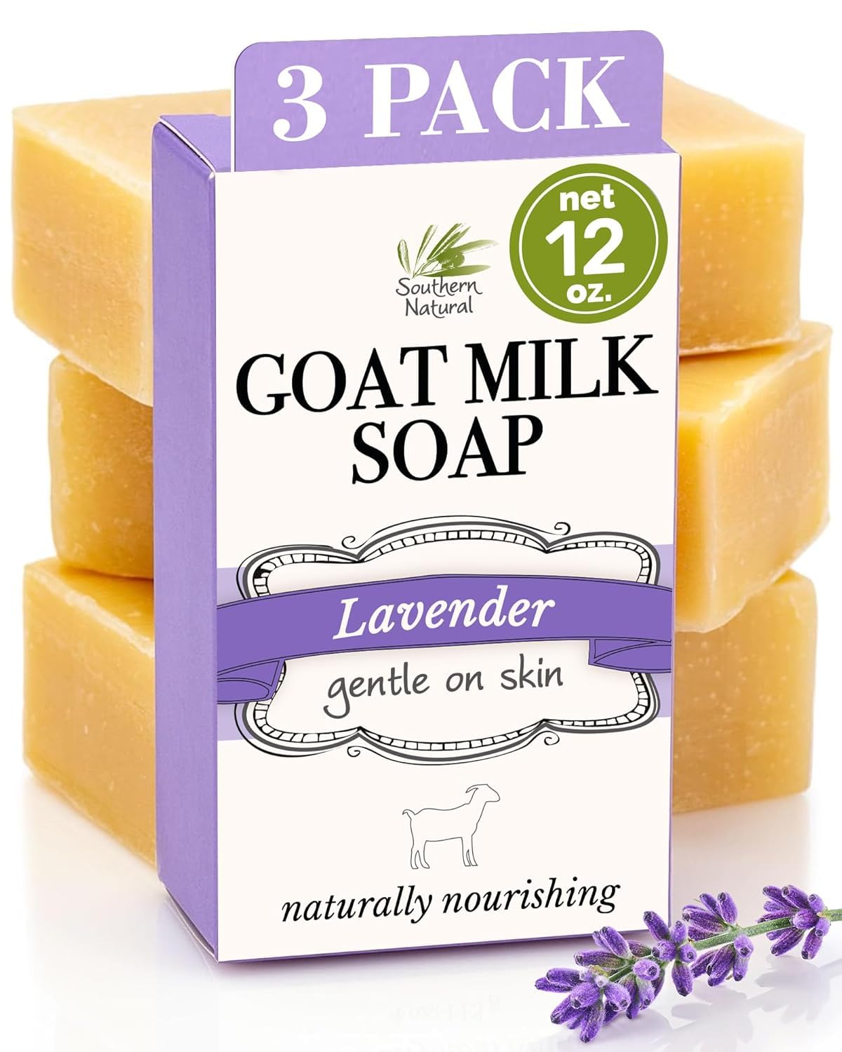 Southern Natural front packaging showing three lavender goat milk bars, calm scent