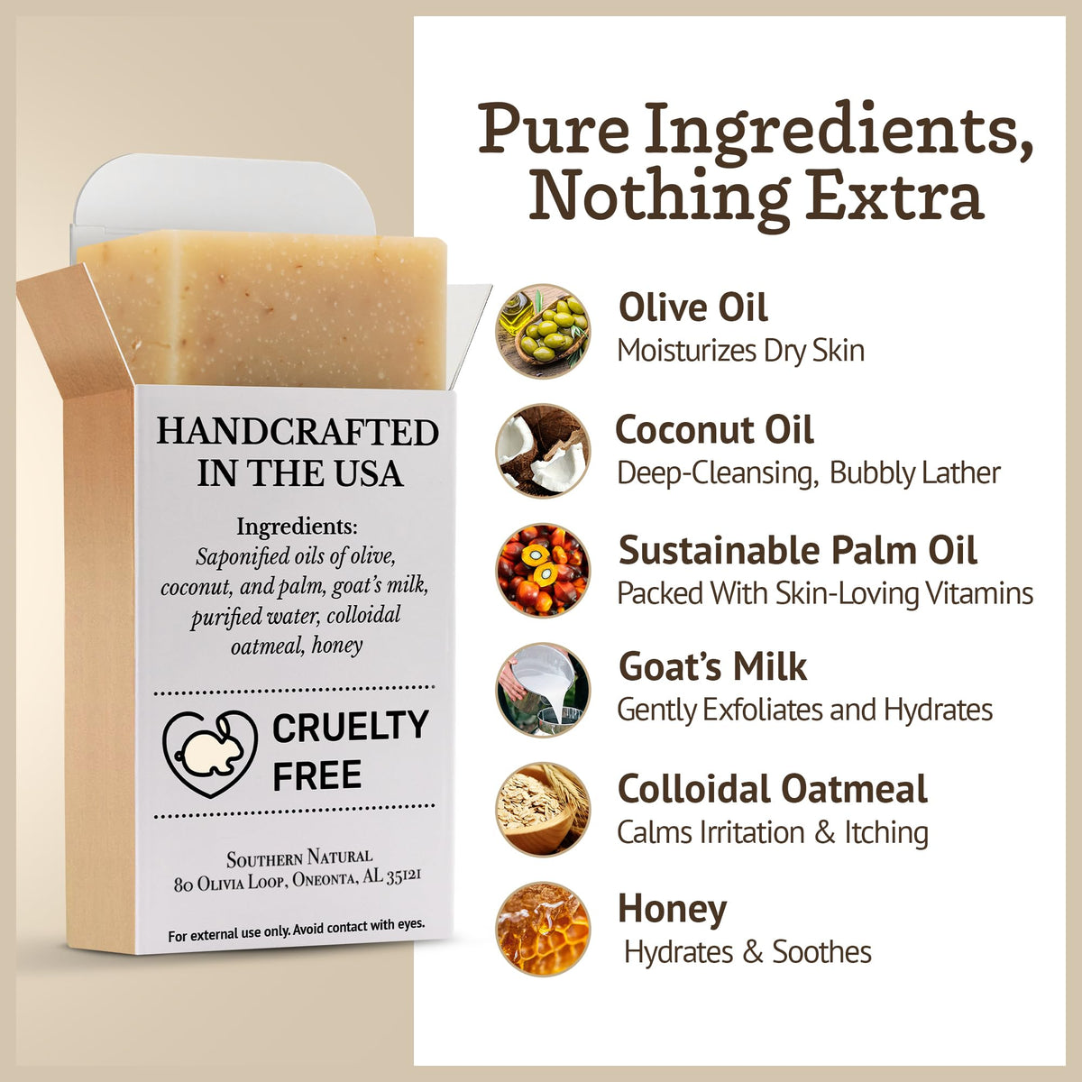 Close-up of Southern Natural soap texture with visible honey swirls and colloidal oatmeal benefits