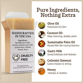 Close-up of Southern Natural soap texture with visible honey swirls and colloidal oatmeal benefits