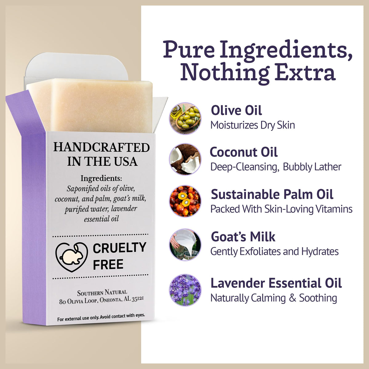 Southern Natural rich creamy lather on soap, gentle cleansing benefit