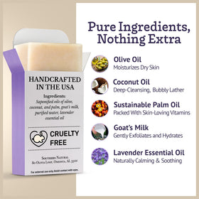 Southern Natural rich creamy lather on soap, gentle cleansing benefit