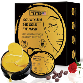 Souwixlum front packaging showing 70 gold under eye patches and benefits