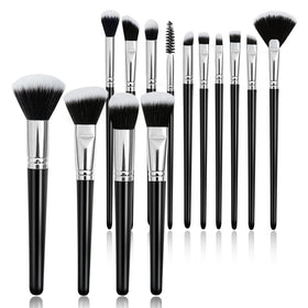 SOYOK front view of the 14-piece brush set in black with travel roll for organized storage