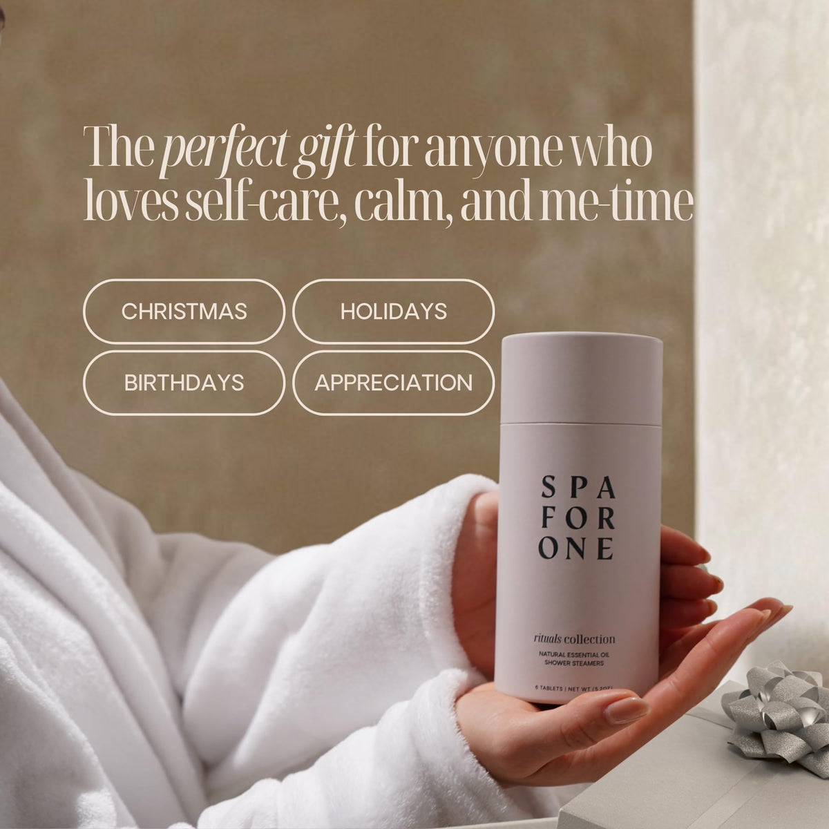 Spa For One tablet dissolving in a shower demonstrating steam aromatherapy benefit