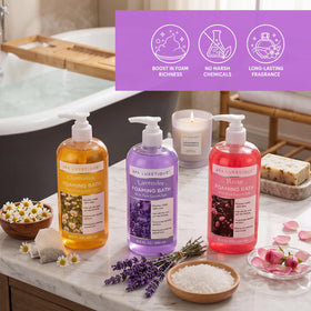 spa luxetique lavender bottle in tub use creating a calming bath atmosphere