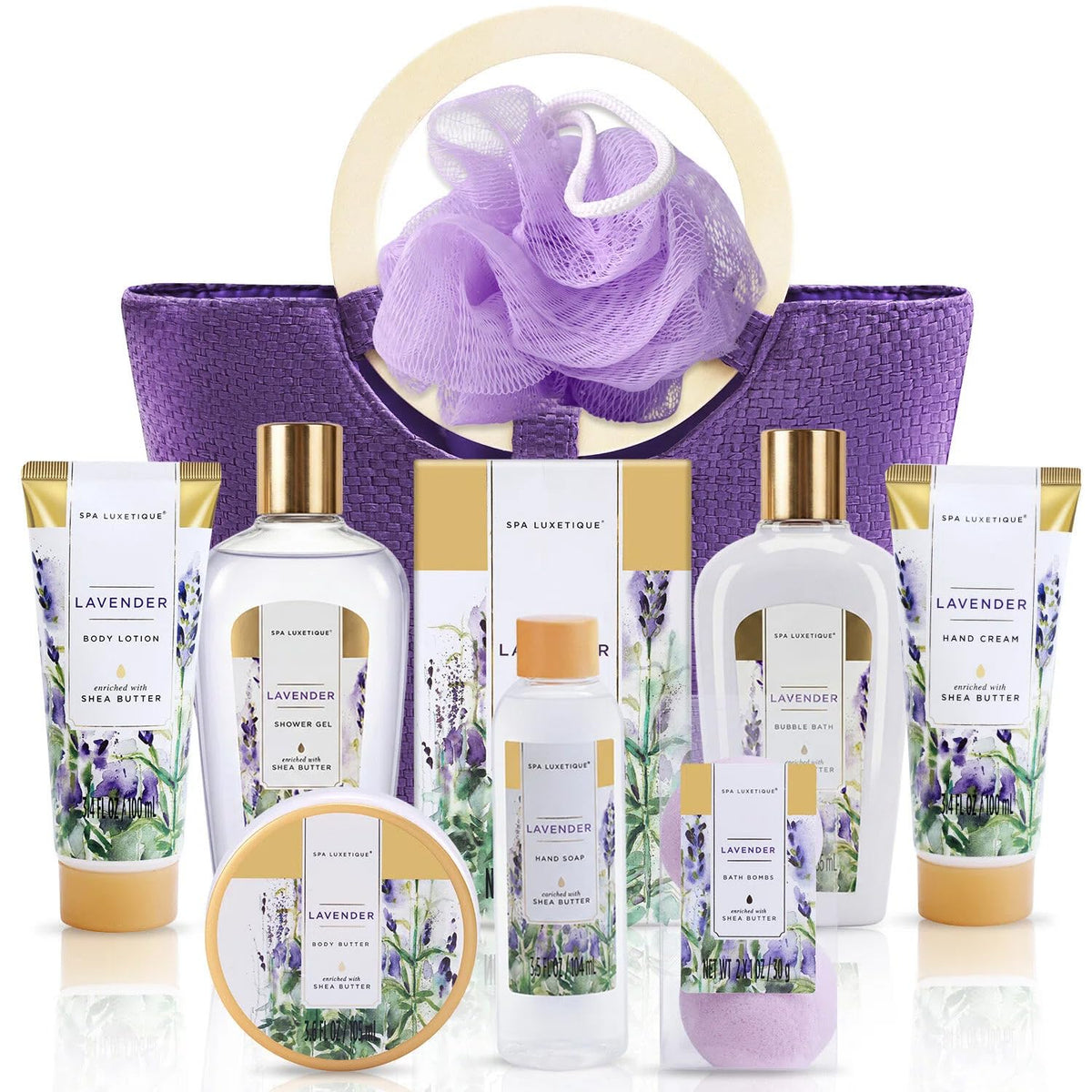 spa luxetique front packaging showing full lavender gift set benefits gifting ease