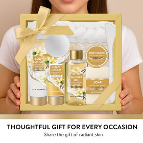 Spa Luxetique WORLD gift set styled in bathroom showing ready-to-gift and spa atmosphere benefit