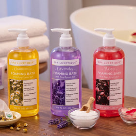 spa luxetique set styled in bathroom showing relaxing at-home spa benefit