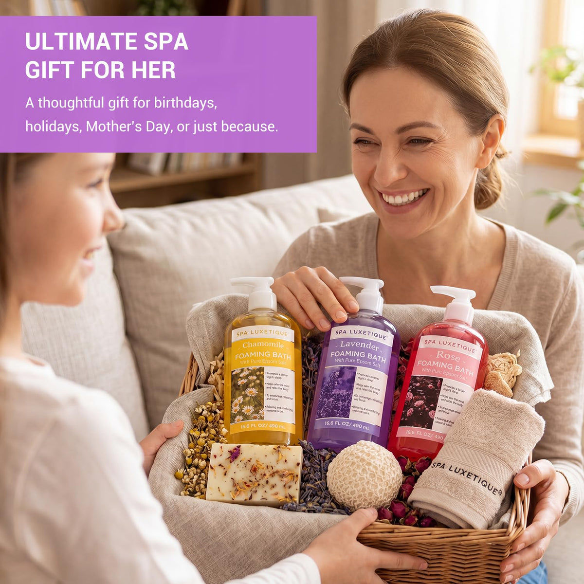 spa luxetique bottle held in hand showing 49.8 fl oz total volume scale