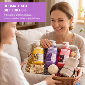 spa luxetique bottle held in hand showing 49.8 fl oz total volume scale