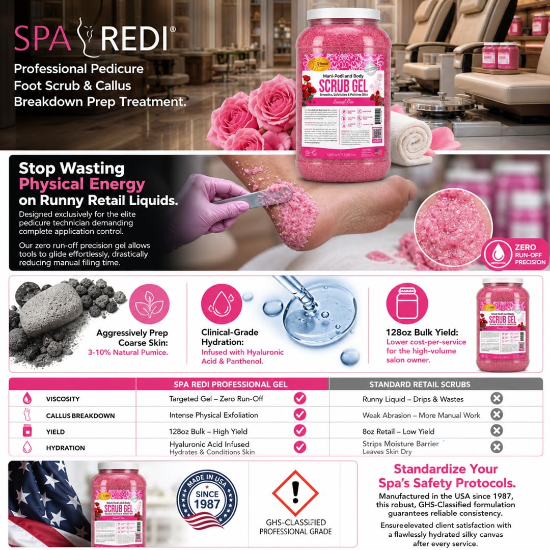 SPA REDI ingredient panel highlighting hyaluronic acid, panthenol, and pumice