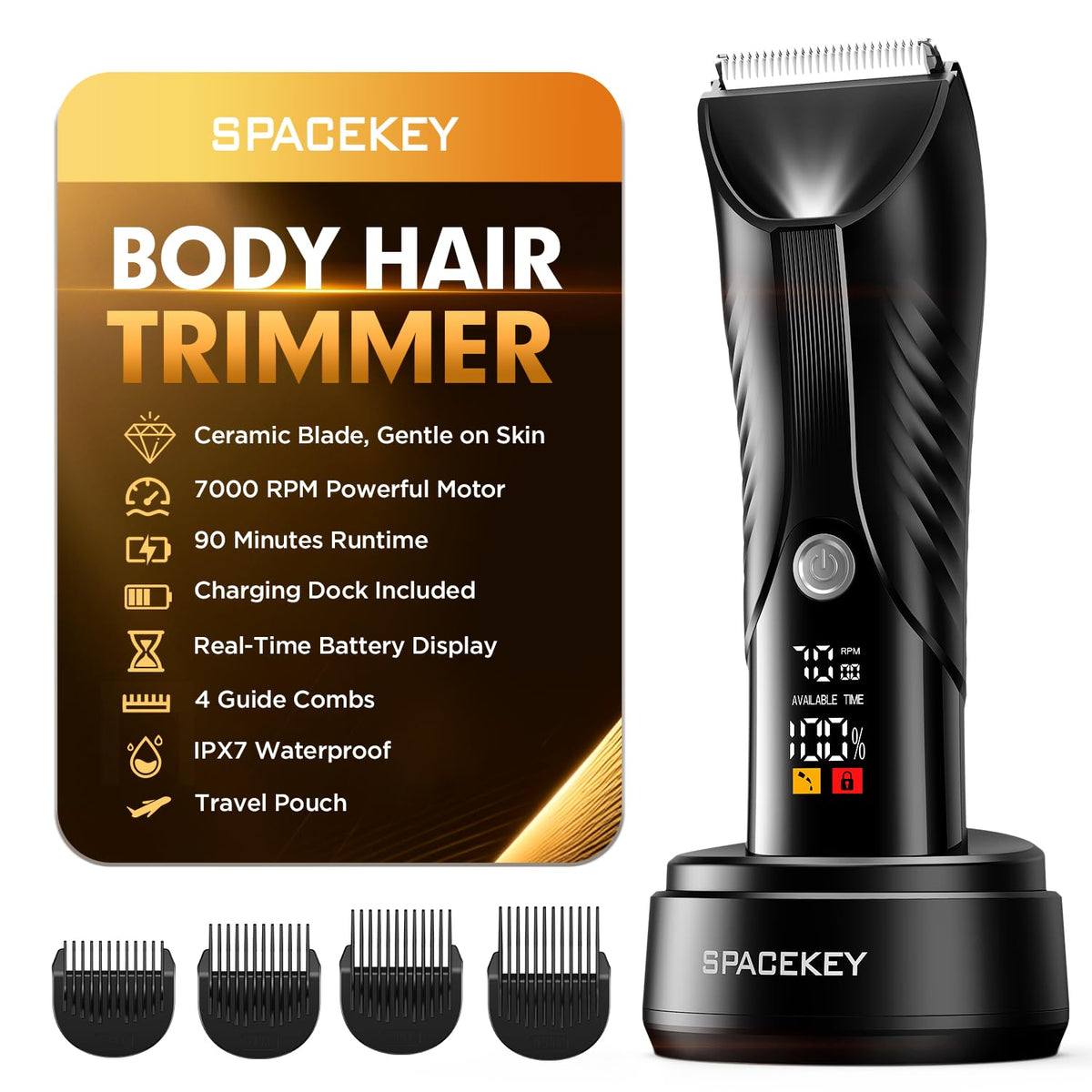 Spacekey front view of trimmer package showing included accessories and benefits