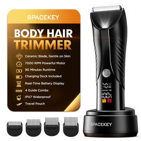 Spacekey front view of trimmer package showing included accessories and benefits