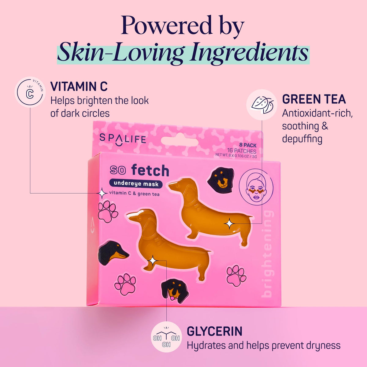 SpaLife dachshund-shaped patches applied under eye demonstrating secure fit and coverage