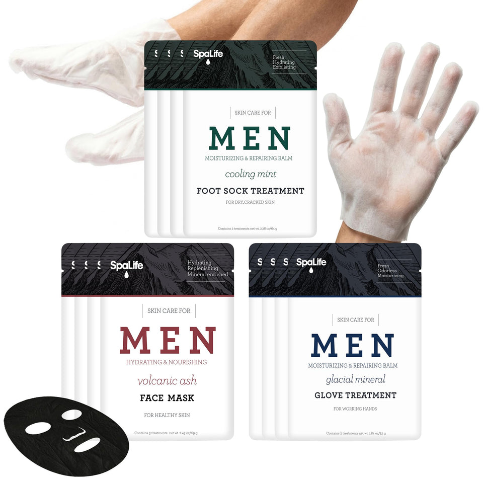 SpaLife front packaging showing full 12-piece men's spa set benefit: easy head-to-toe care