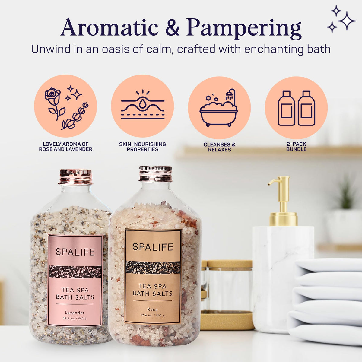 SpaLife jars displayed on bathroom shelf suggesting stylish self-care storage