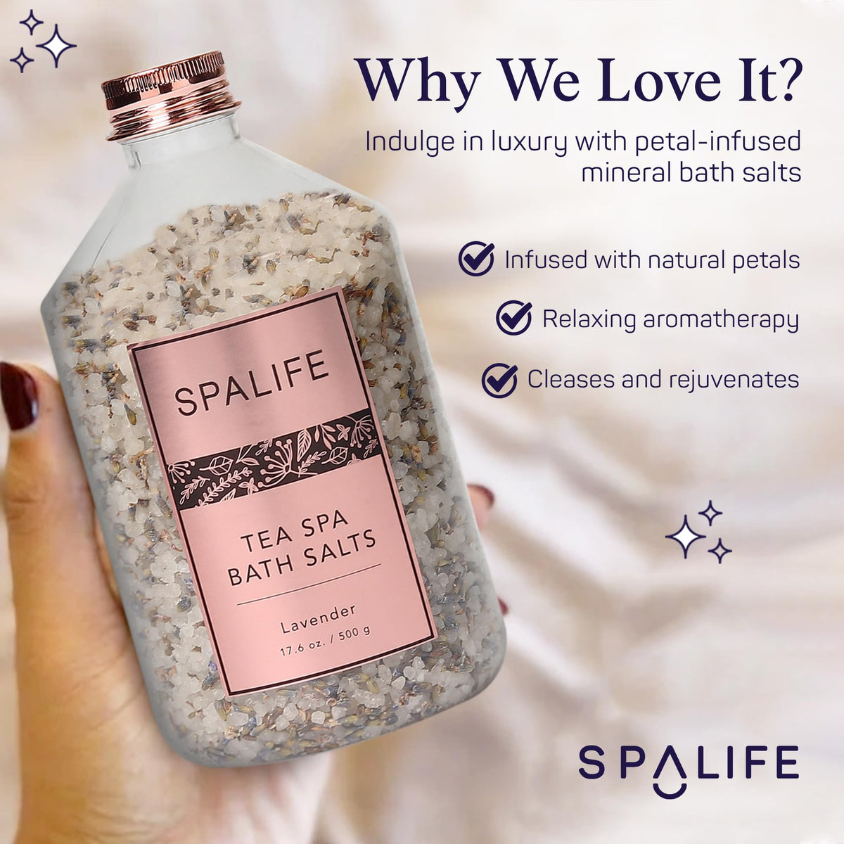 SpaLife jar held in hand showing scale and easy-to-use portioning benefit