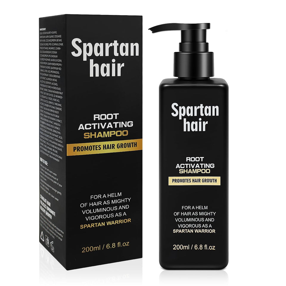 SPARTAN HAIR front bottle shot showing clear branding and sleek packaging benefit: easy identification