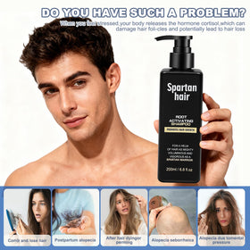 SPARTAN HAIR shampoo being massaged into wet hair in shower benefit: stimulates scalp circulation