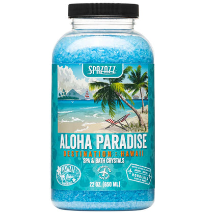 Spazazz Aloha Paradise jar front view showing tropical label and size