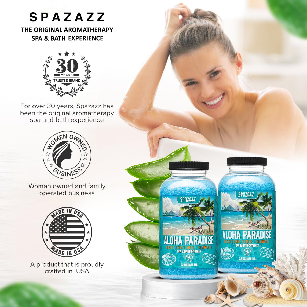 Spazazz jar beside a hot tub highlighting compatibility and safety