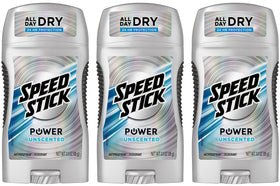 Speed Stick front packaging showing three unscented sticks and value